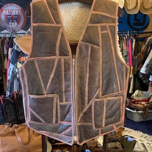 Vintage Handmade Patchwork Leather Vest with Sherpa Lining